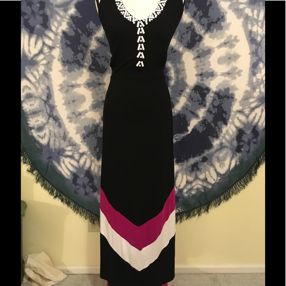 1X Black Maxi Dress with Pink & White Chevron Detail